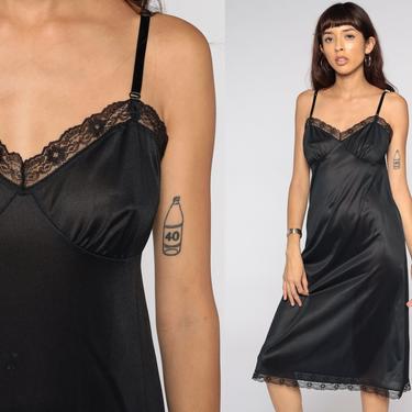 Black Slip Dress Semi-Sheer Lace Trim Nightgown 1980s Midi Lingerie Chemise Vintage Gothic 80s Spaghetti Strap Nightgown Small 34 