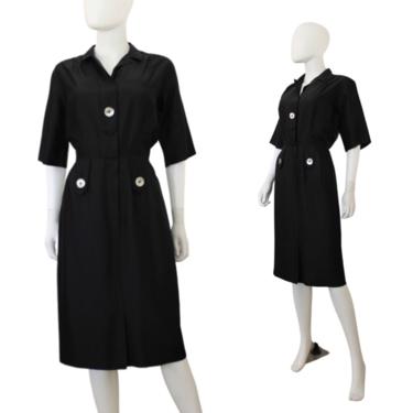 1950s Black Wiggle Dress - 1950s Black Day Dress - 1950s Black Shirtwaist Dress - 1950s Black Dress - Vintage LBD | Size Small / Medium 