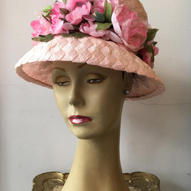 VTG Mr Josephs Hot Pink Straw Hat Lg Pink Rose Trim Velvet Ribbon pink straw hat, 1960s summer hat, mr Josephs | Black Label  main image 2