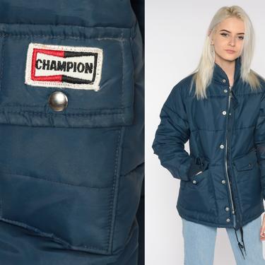 Navy Blue Puffy Jacket 70s Champion Ski Jacket 80s Puffer Coat Warm Jacket Snap Up 1970s Vintage Puff Winter Coat Plain Men's Small 