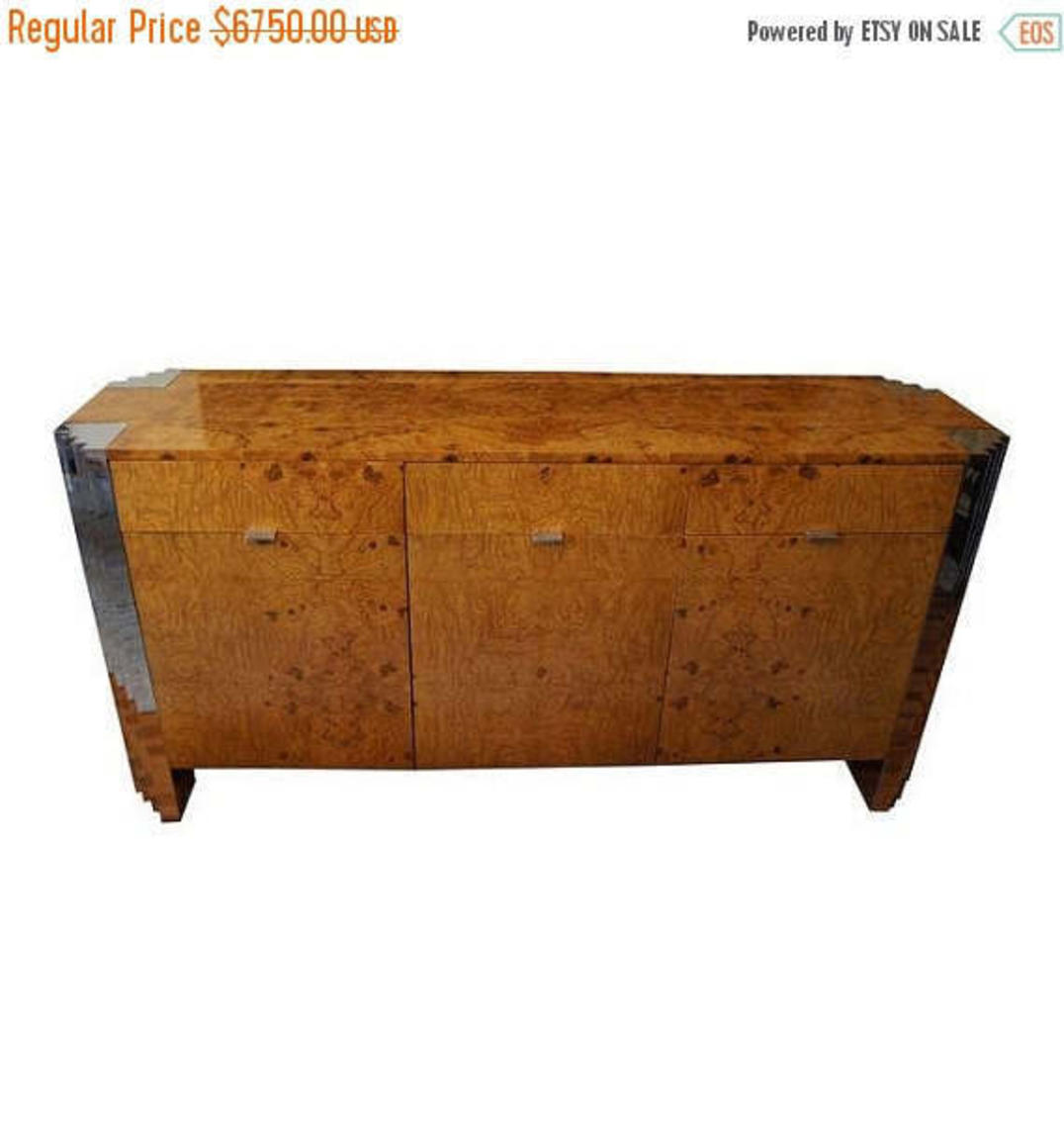 50 Off Milo Baughman Burl Wood And Chrome Skyscraper Credenza By