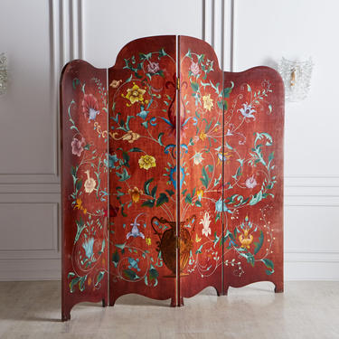 Red Hand Painted Floral Room Divider
