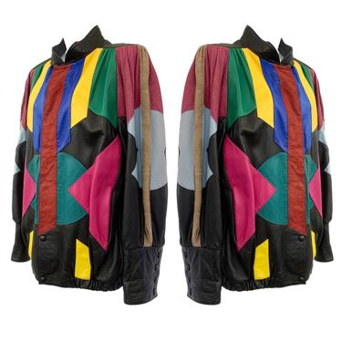 Vtg Vintage 1980s 80s Bright Colorblock New Wave Leather Jacket 