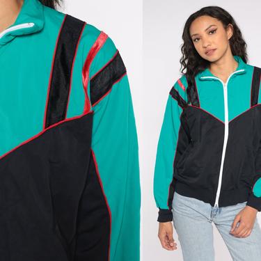 Retro Track Jacket Zip Up Sweatshirt 80s Striped Jacket Color Block 1980s Sport Teal Black Red Retro Vintage Tracksuit Medium Large M L 