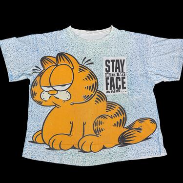 90s Garfield &quot;Stay Outta My Face&quot; All Over Print T Shirt - Men's XXL | Vintage Oversize Cartoon Graphic Tee 