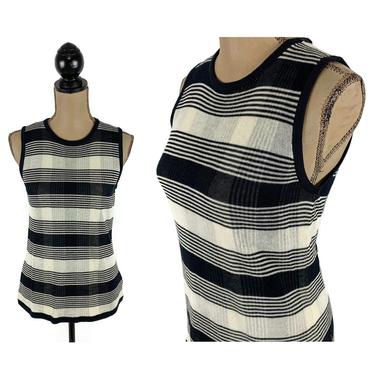 Y2K Black & White Knit Tank Top, Striped Plaid Sleeveless Shell, High Neck Sweater Vest, 2000s Clothes for Women Small Vintage Liz Claiborne 
