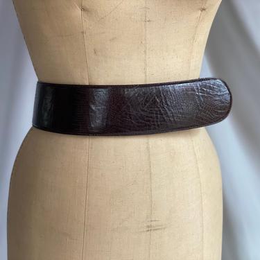 28-32" Waist Belt / Donna Karan Brown Sexy Vintage Leather Belt / Statement Belt / Reptile Snakeskin Embossed Leather Belt 