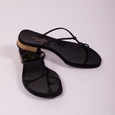 Vintage GUCCI Black Satin Knotted Sandals with Gold Chained Heels sz 7 7.8 Tom Ford Strappy Minimal 