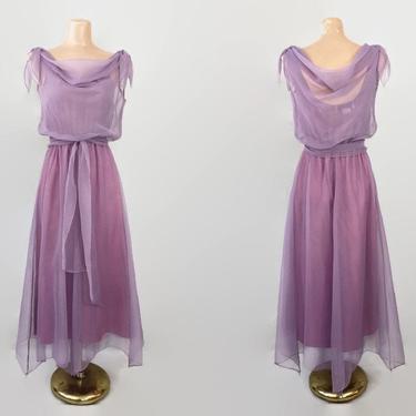 VINTAGE 1970s Sheer Lavender Chiffon Handkerchief Maxi Dress | 70s Bohemian Fairy Dress | Stevie Nicks Vibes | Dessy Creations 