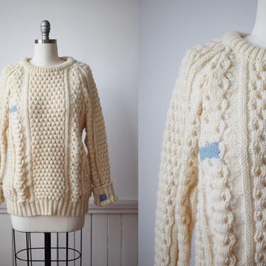 Vintage Classic Wool Cable Knit with Visible Mends | S | 1970s/1980s Irish Fisherman's Sweater | Darns 