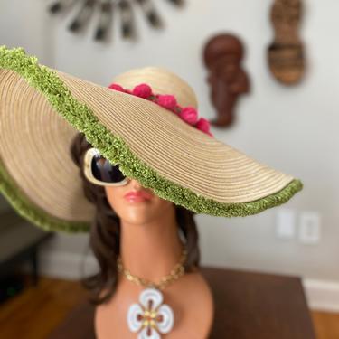 MOD Floppy Hat! • Hippie Boho Tiki Oasis Festival Hawaiian Beach Wedding Accessory • Hot Pink Pom Poms + Olive green Fringe • VTG 70s Style 