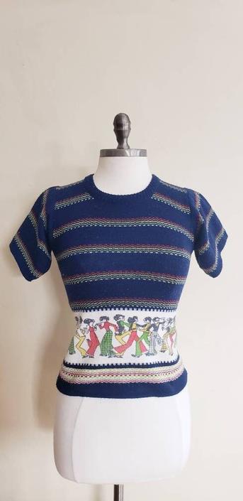 70s Short Sleeved Sweater Top Dancing People In Bell Bottoms Print 1970s Pullover Navy Blue From Rarejule Vintage Of Chicago Il Attic