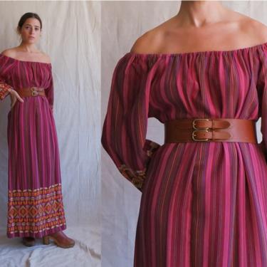 Vintage 70s Off The Shoulder Woven Maxi Dress/ 1970s Bell Sleeve Cotton Dress/Guatemalan Textile/ Size Small Medium 