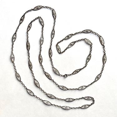 Antique French Art Nouveau 800 Silver Filigree Guard Chain Necklace 50 Victorian 