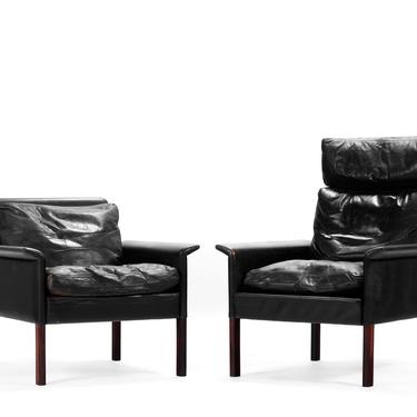 His and Hers Set of Rosewood and Vintage Black Leather Lounge Chair by Hans Olsen for CS Møbler 