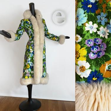 Ultimate MOD Vintage 60s 70s Hippie Coat! • Floral Fabric + Rhinestones with Genuine Shearling Lamb Fur Collar Cuffs & Trim • Spring Fall SM 