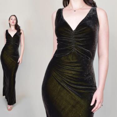 90's Velvet Bias Cut Gown | 90's Velvet Bias Cut Dress | Mossy Green Velvet Dress 