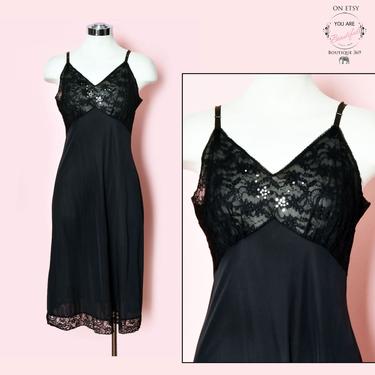 Carter's RHINESTONE STARS Slip Dress, Black, 34, Vintage Lingerie, 1950's, 1960's Lace 