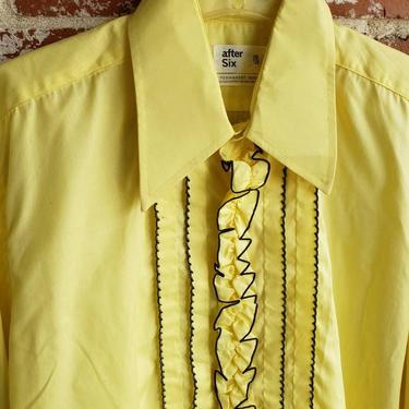 70s Yellow/Black  Tux Shirt Ruffled Trim After 6 sz 16/32 Butterfly Collar 
