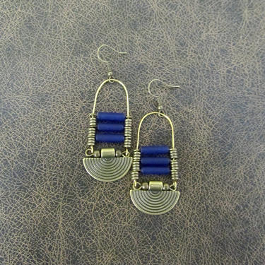 Blue sea glass earrings, chandelier earrings, statement earrings, bold earrings, etched bronze earrings, tribal ethnic earrings, chic 