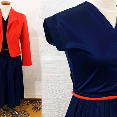 Vintage Navy Blue Dress Matthew Love Orange 60s Mod 1960s Twiggy Short MCM USA Pleated Skirt Cropped Jacket Belt Matching Large Medium 