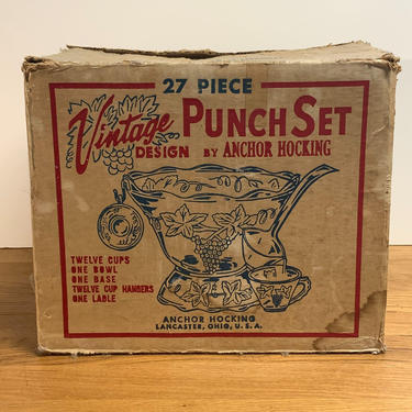 Vintage Anchor Hocking Punch Bowl Set Vintage Clear Grapes and Vine w Box 