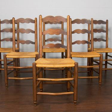 Antique Set of 6 Country French Provincial Farmhouse Ladder Back Maple Dining Chairs 