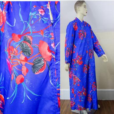 Vintage 60s hostess robe dressing gown or size medium, full length maxi kaftan lounge dress Evelyn Pearson mushroom & butterfly floral 