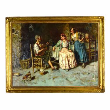 Antique Giuseppe Giardiello Italian Oil Painting Osteria Interior Musician Women Singing 