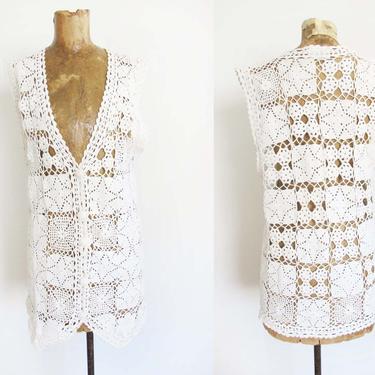 Vintage Crochet Vest S M - White Crochet Knit Vest - Duster Vest - Long Vest - Crochet Swim Cover Up - Boho Hippie - Granny Square 