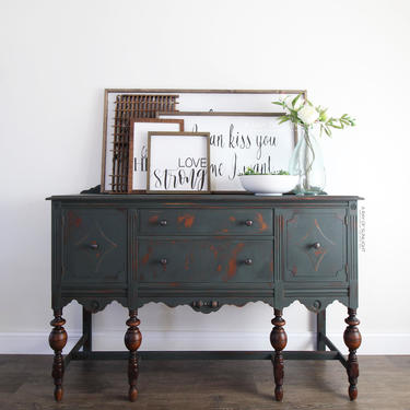Deep Green Buffet - Chippy Painted Buffet - Antique Buffet - Dark Green - Painted Furniture - Farmhouse Decor - Vintage Buffet - TV Stand 
