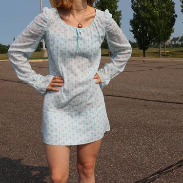 Vintage Floral Dress / Long Sleeve Mod Mini / 70's Handmade Pastel Shift S/M 