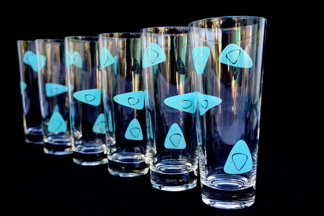 Mid-Century Atomic Era Turquoise Amoeba Graphic Barware Set || Set of 6