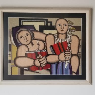 Vintage &quot; La Lecture &quot; Modernist Needlepoint Wall Art After Fernand Lager 