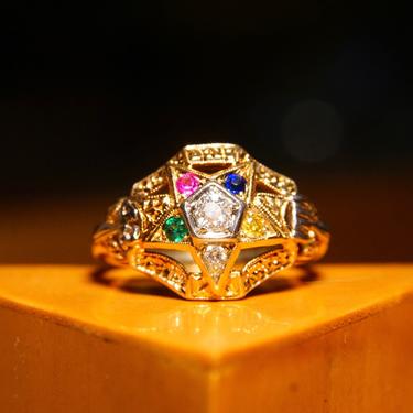 Vintage 14K Masonic Order Of The Eastern Star Ring, .18 CT OEC Diamond, Multi-Color Gemstones, Yellow Gold Freemason Ring, Size 6 1/2 US 