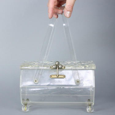 1950s Large LUCITE Purse | Vintage 50s Clear Carved Plastic Handbag 