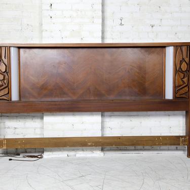 Vintage mcm brutalist style king headboard with sculptural details and nightlights | Free delivery in NYC and Hudson Valley areas 