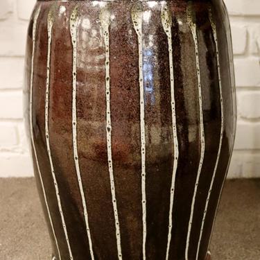 Contemporary Modernist Stone Striped Ceramic Taboret Side End Table Signed 1990s 