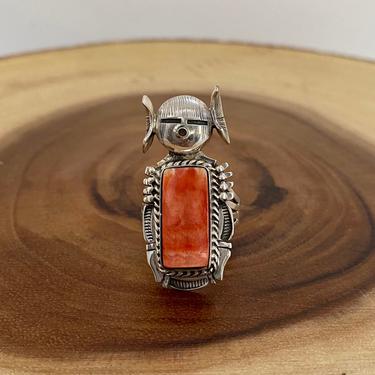 SUNNY DAYS Kachina Silver and Spiny Oyster Ring | Navajo, Native American Southwestern Jewelry | Large Statement Ring | Size 9 