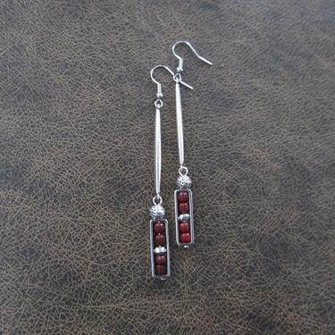 Long minimalist earrings, bohemian earrings, carved bone earrings, bold boho earrings, red dangle earrings, geometric earrings, artisan 
