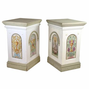Antique Painted Pedestals Christian Motifs Storks Wheat Grapes Chalice 