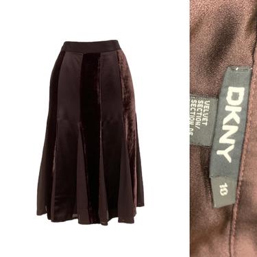 Vtg Vintage Y2K 2000s DKNY Donna Karen Chocolate Velvet Flute Hem Skirt 