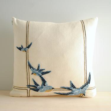 Vintage Bird Embroidery Pillow, Blue and White Handmade Cotton Pillow with Bird Embroidery, 14&amp;quot; x 14&amp;quot; Throw Pillow 