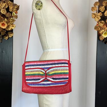 1980s straw purse, vintage 80s shoulder bag, rainbow purse, 1980s summer purse, 1980s clutch bag 