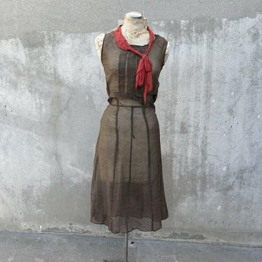 Vintage 1930s Brown And Red Striped Cotton Dress Bow Neckline Midi Sheer