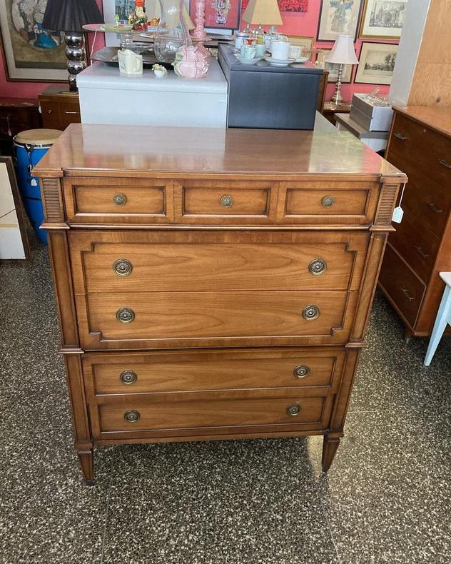 Directoire style chest of drawers.  38” x 20” x 47”