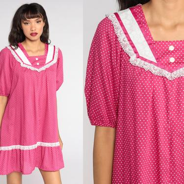 Heart Mini Dress Pink Polka Dot Heart Print Tent Dress Boho 80s Bohemian Vintage 1980s Retro Trapeze Kawaii Bib Dress Flounce Small Medium 