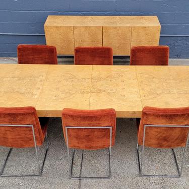 Olive Burl Milo Baughman Dining Set, 10 Pieces. Credenza, Dining Table, Chairs 