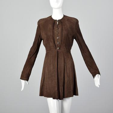 Small Giorgio Armani Brown Suede Leather Dress Long Sleeve Button Front Supple Goat Suede Vintage 1990s 