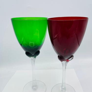 Vintage Green Red  Blown Art Glass Water Wine Goblet Glasses Set of 2 Clear Petal Stem Glassware- 16 oz 